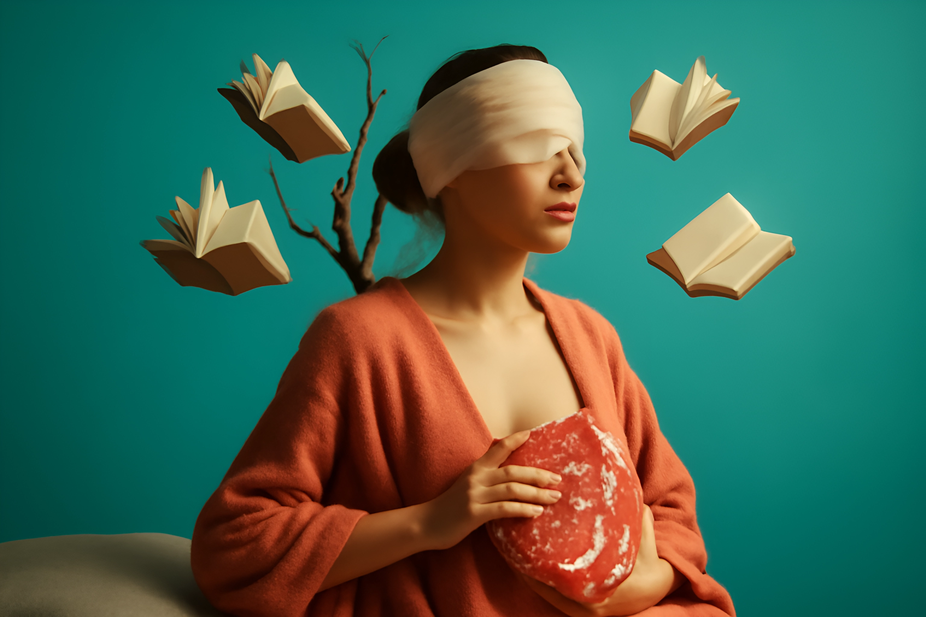 Geblinddoekte vrouw met vlees en boeken