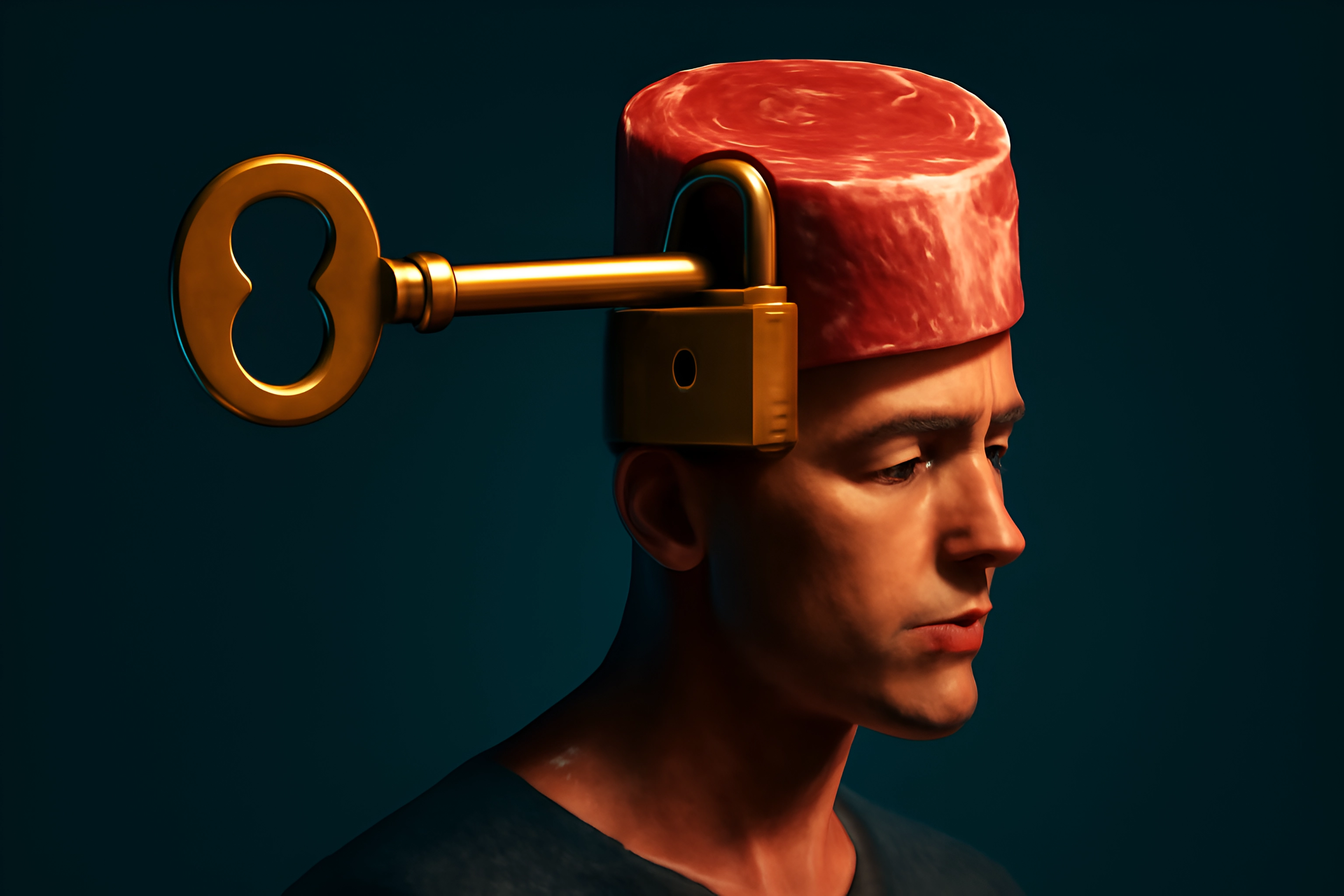 Surreal man with meat and key.
