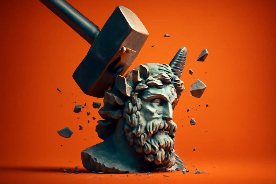 A stylized sculpture of Zeus being struck by a large hammer, with fragments flying off against a vibrant orange background.